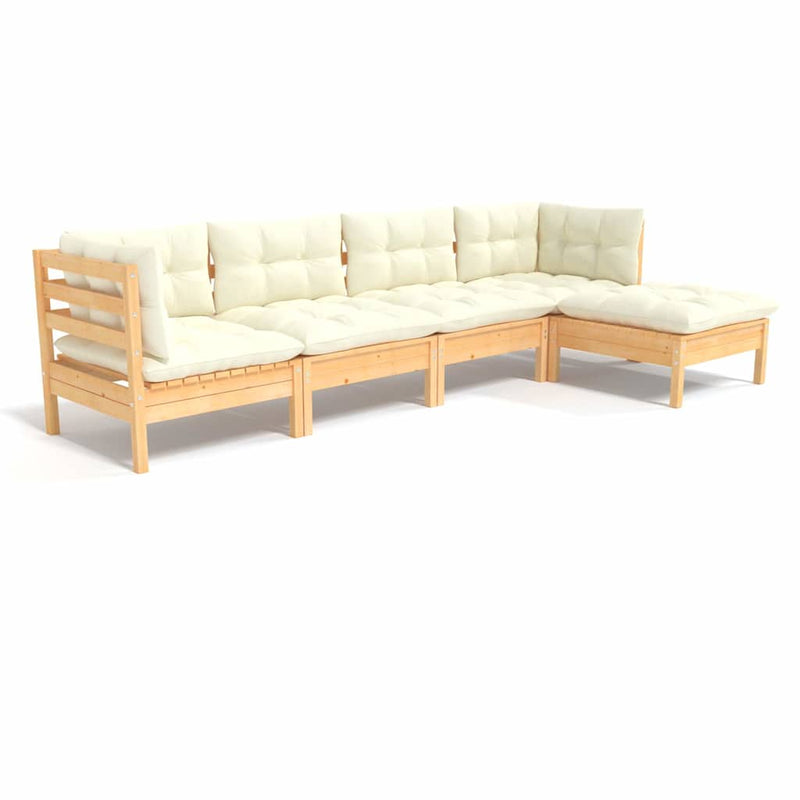 Set mobilier grădină cu perne crem, 5 piese, lemn de pin