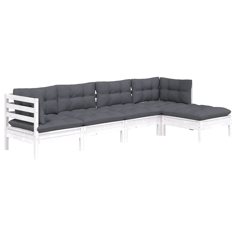 Set mobilier grădină cu perne, 5 piese, alb, lemn de pin