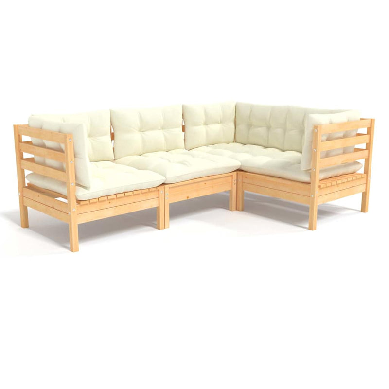 Set mobilier grădină cu perne crem, 4 piese, lemn de pin