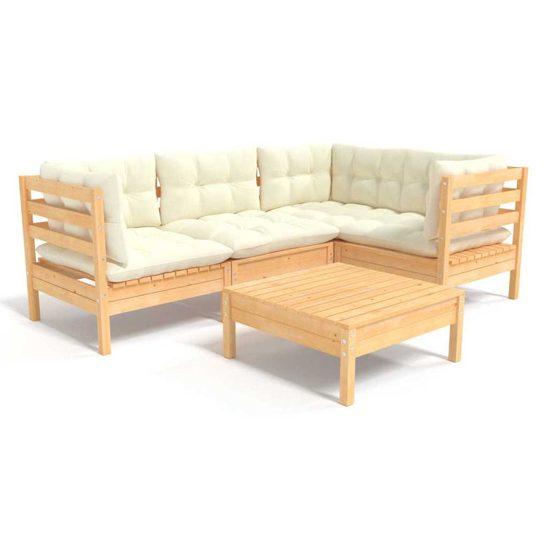 Set mobilier grădină cu perne crem, 5 piese, lemn de pin