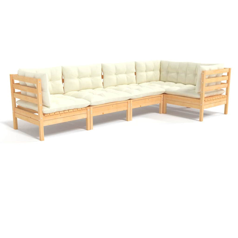 Set mobilier grădină cu perne crem, 5 piese, lemn de pin