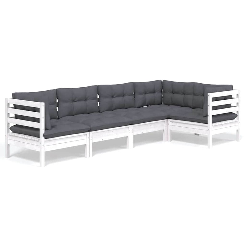 Set mobilier grădină cu perne, 5 piese, alb, lemn de pin