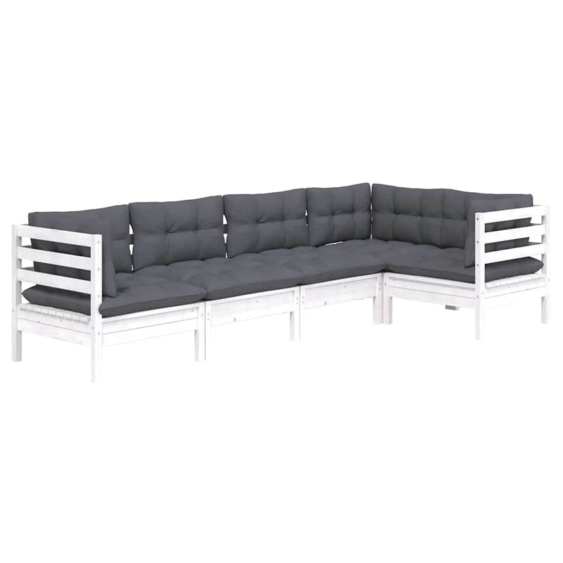 Set mobilier grădină cu perne, 5 piese, alb, lemn de pin
