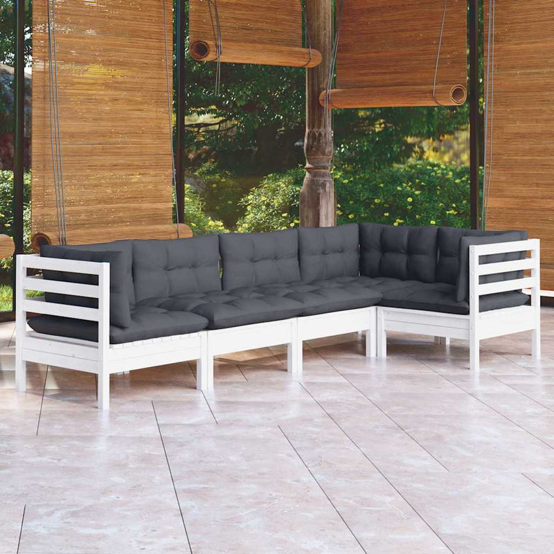 Set mobilier grădină cu perne, 5 piese, alb, lemn de pin