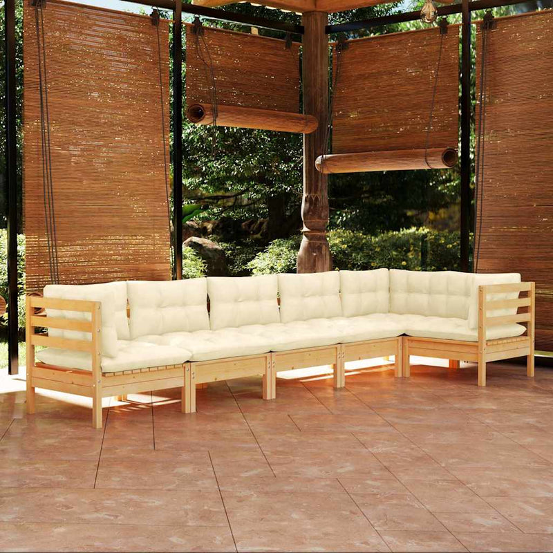Set mobilier grădină cu perne crem, 6 piese, lemn de pin