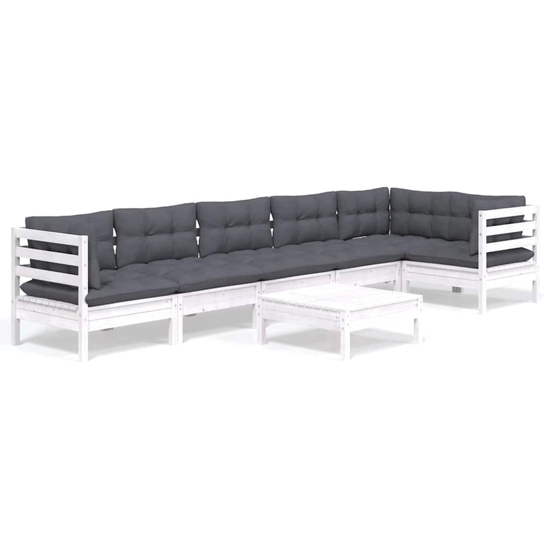 Set mobilier de grădină cu perne, 7 piese, alb, lemn de pin