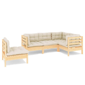 Set mobilier grădină cu perne crem, 5 piese, lemn masiv de pin