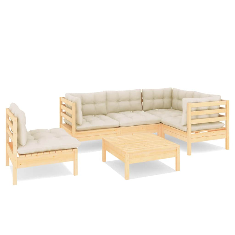 Set mobilier grădină cu perne crem, 6 piese, lemn de pin