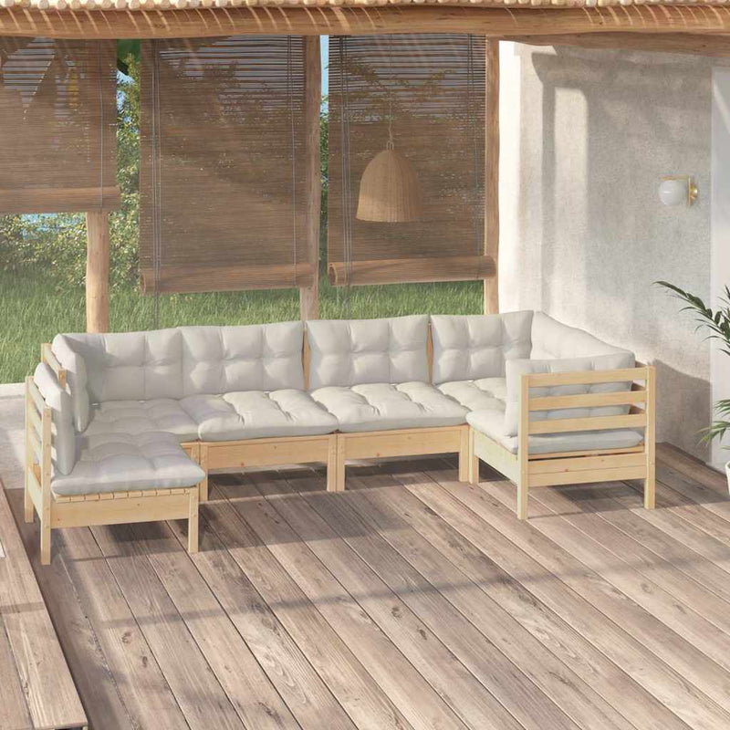 Set mobilier grădină cu perne crem, 6 piese, lemn de pin