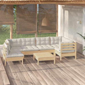 Set mobilier grădină cu perne crem, 7 piese, lemn masiv pin