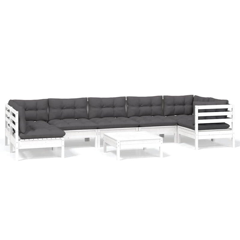 Set mobilier de grădină cu perne, 8 piese, alb, lemn de pin