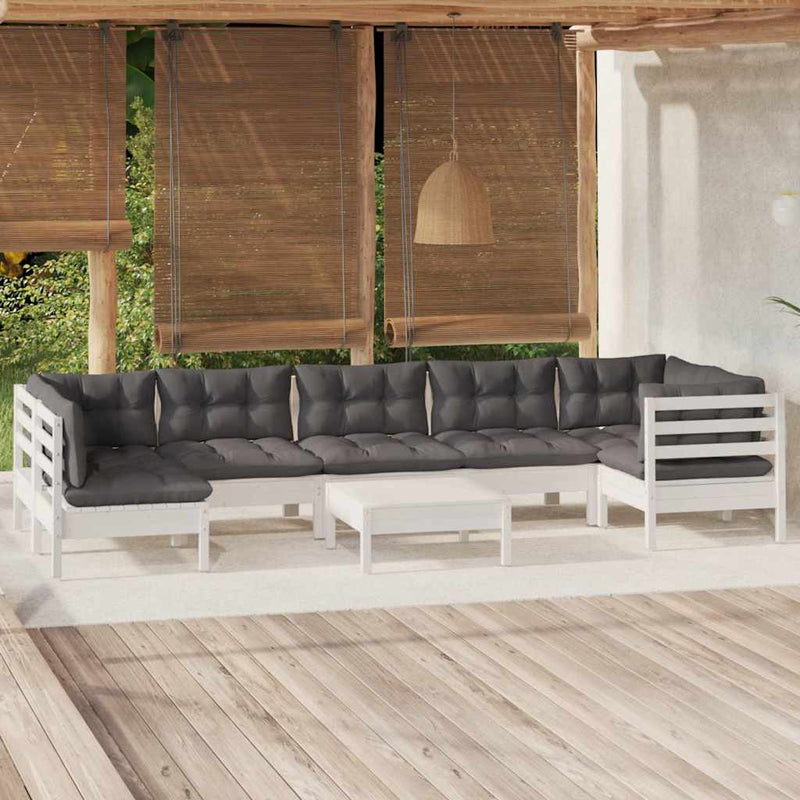 Set mobilier de grădină cu perne, 8 piese, alb, lemn de pin