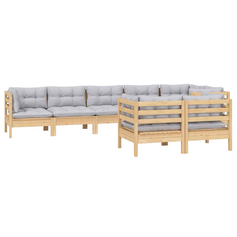 Set mobilier de grădină cu perne gri, 8 piese, lemn masiv pin