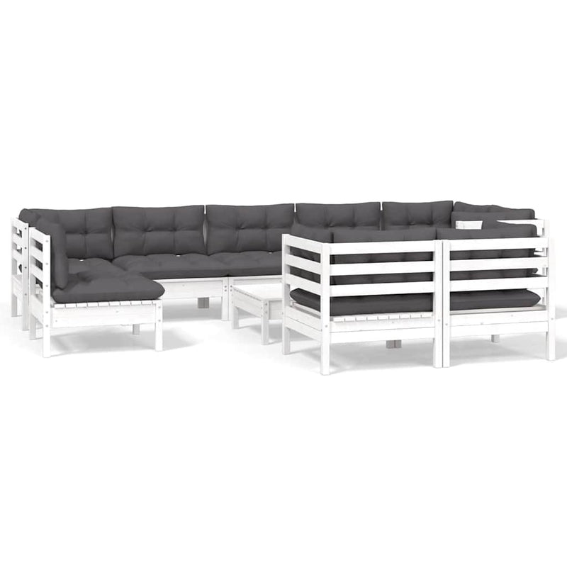 Set mobilier grădină cu perne, 10 piese, alb, lemn masiv pin