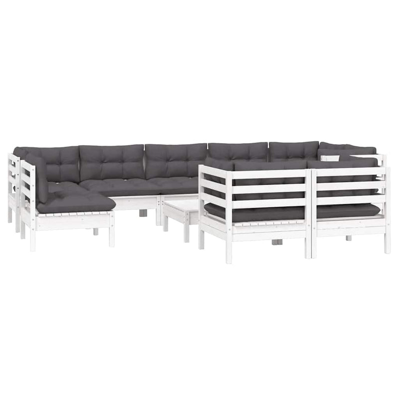 Set mobilier grădină cu perne, 10 piese, alb, lemn masiv pin