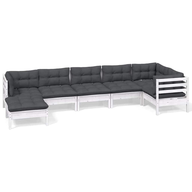 Set mobilier de grădină cu perne, 7 piese, alb, lemn masiv pin