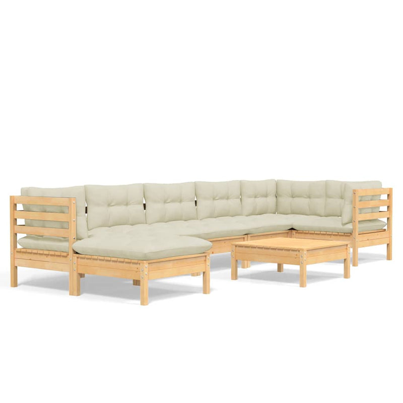 Set mobilier de grădină cu perne crem, 8 piese, lemn masiv pin