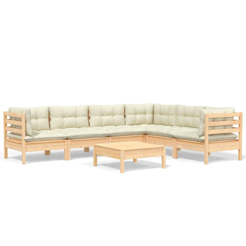 Set mobilier grădină cu perne crem, 7 piese, lemn masiv pin