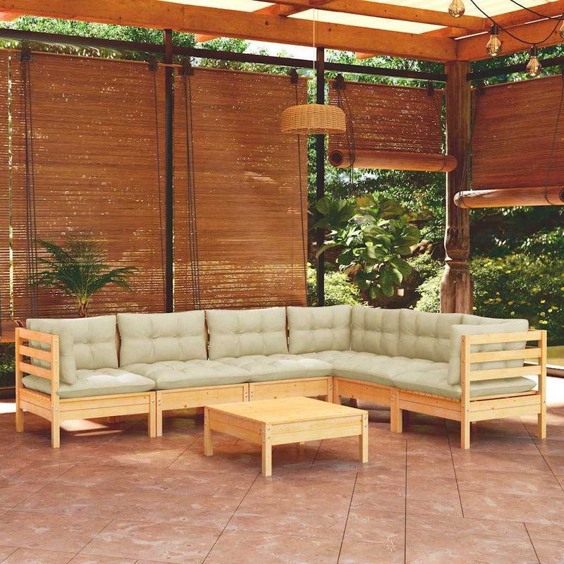 Set mobilier grădină cu perne crem, 7 piese, lemn masiv pin