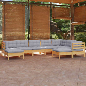 Set mobilier de grădină cu perne gri, 9 piese, lemn masiv pin