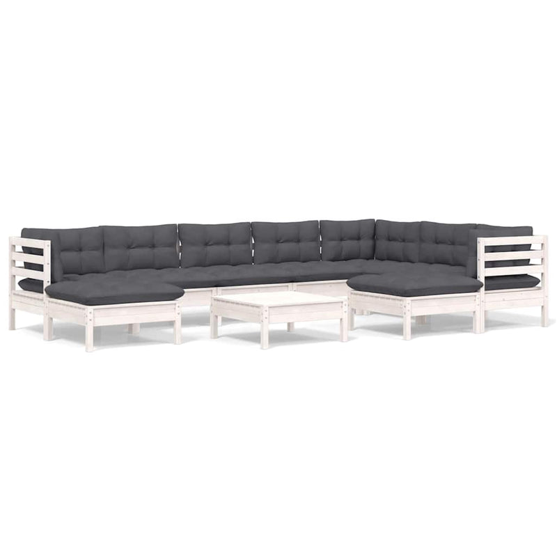 Set mobilier grădină cu perne, 10 piese, alb, lemn masiv pin