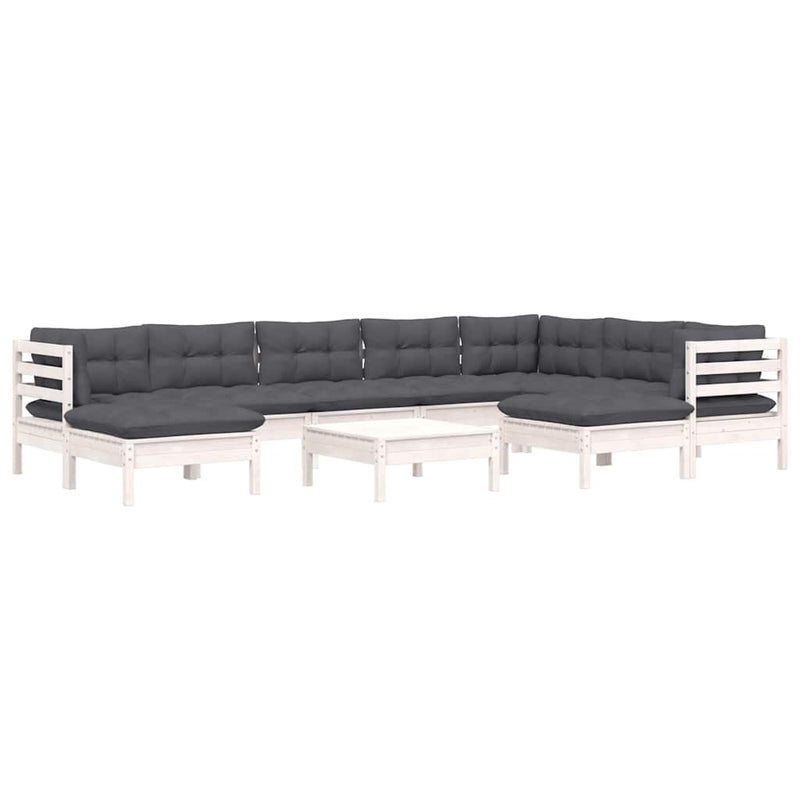 Set mobilier grădină cu perne, 10 piese, alb, lemn masiv pin