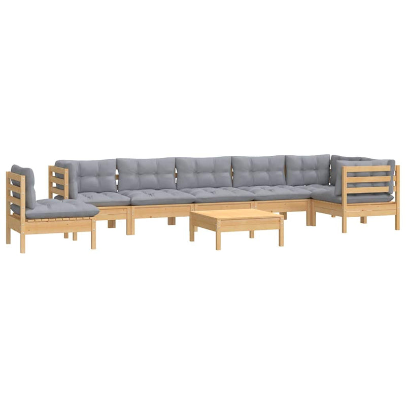 Set mobilier de grădină cu perne gri, 9 piese, lemn masiv pin