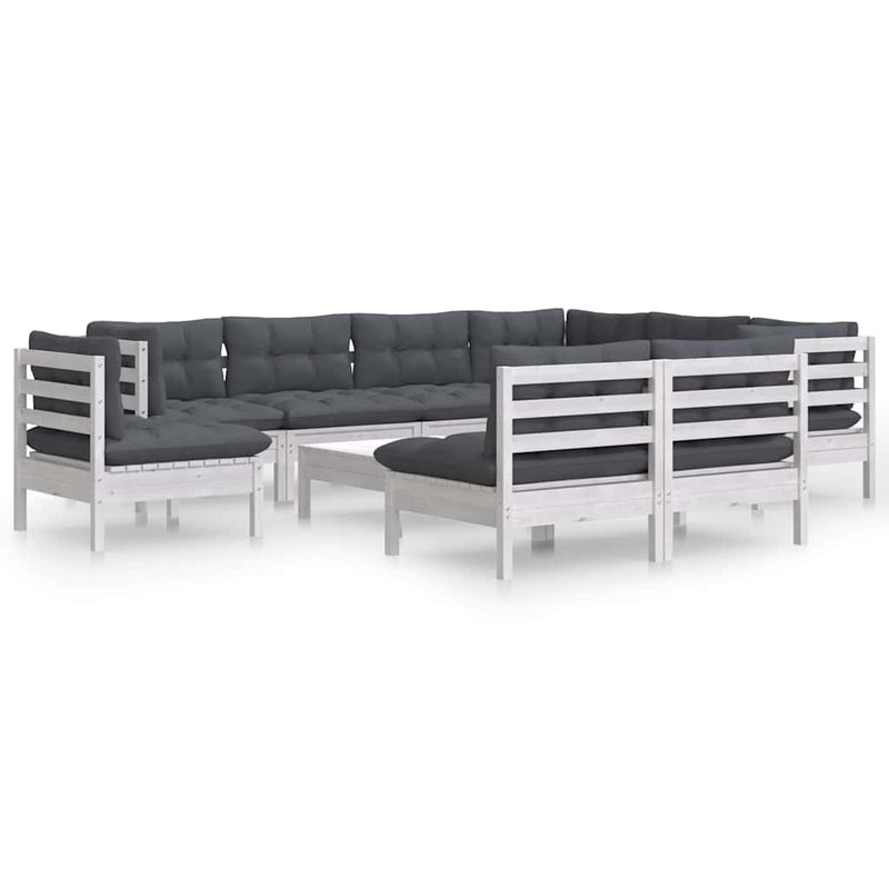 Set mobilier grădină cu perne, 10 piese, alb, lemn masiv pin