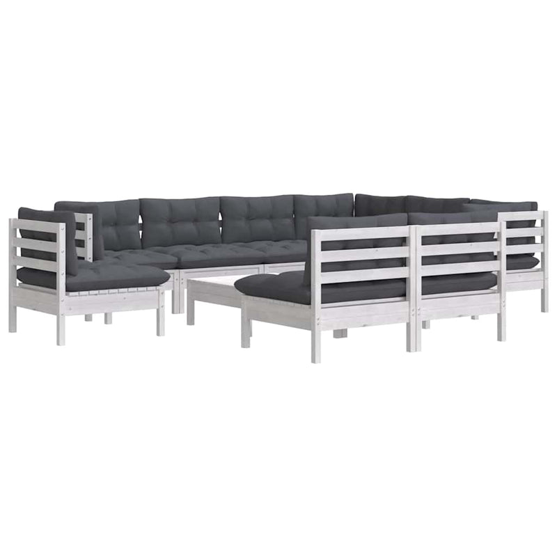 Set mobilier grădină cu perne, 10 piese, alb, lemn masiv pin