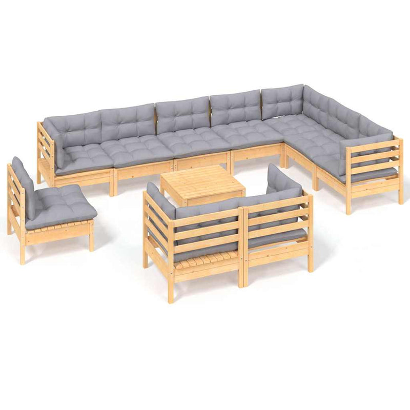 Set mobilier de grădină cu perne, 11 piese, gri, lemn masiv pin