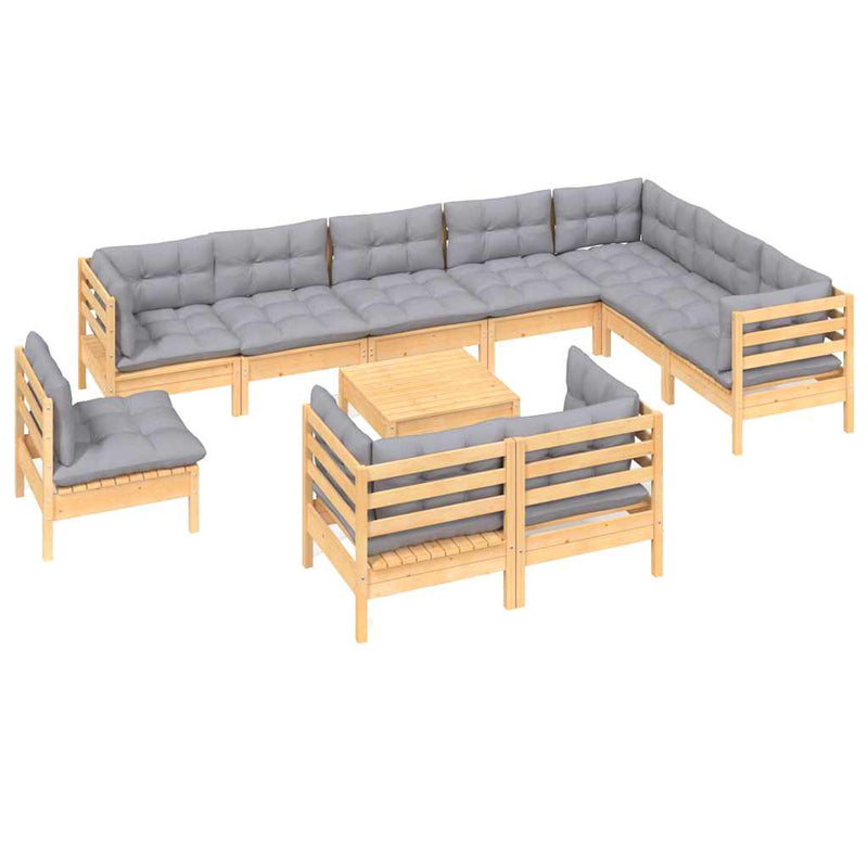 Set mobilier de grădină cu perne, 11 piese, gri, lemn masiv pin