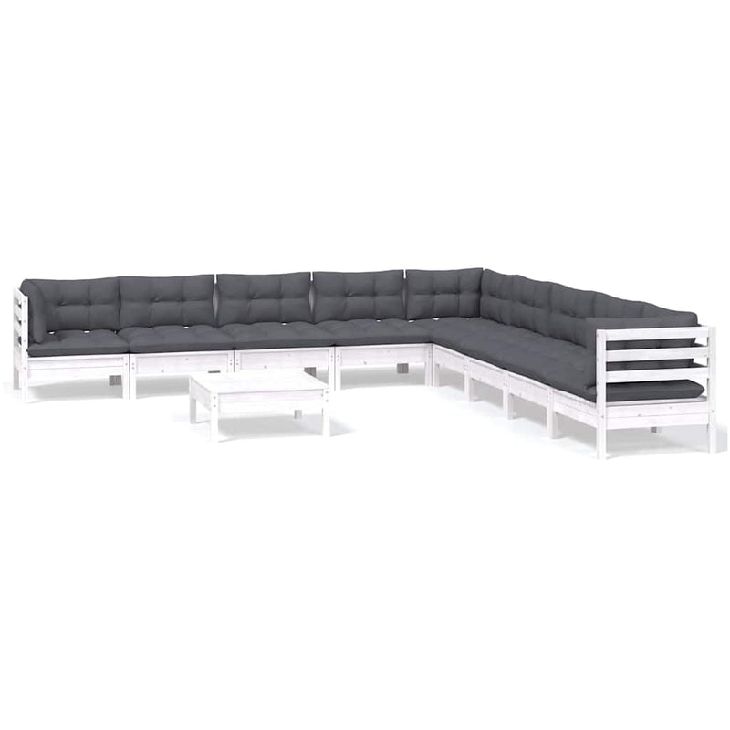 Set mobilier grădină cu perne, 10 piese, alb, lemn masiv pin