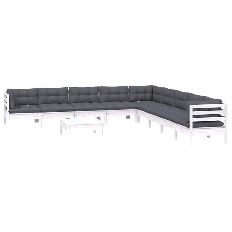 Set mobilier grădină cu perne, 10 piese, alb, lemn masiv pin