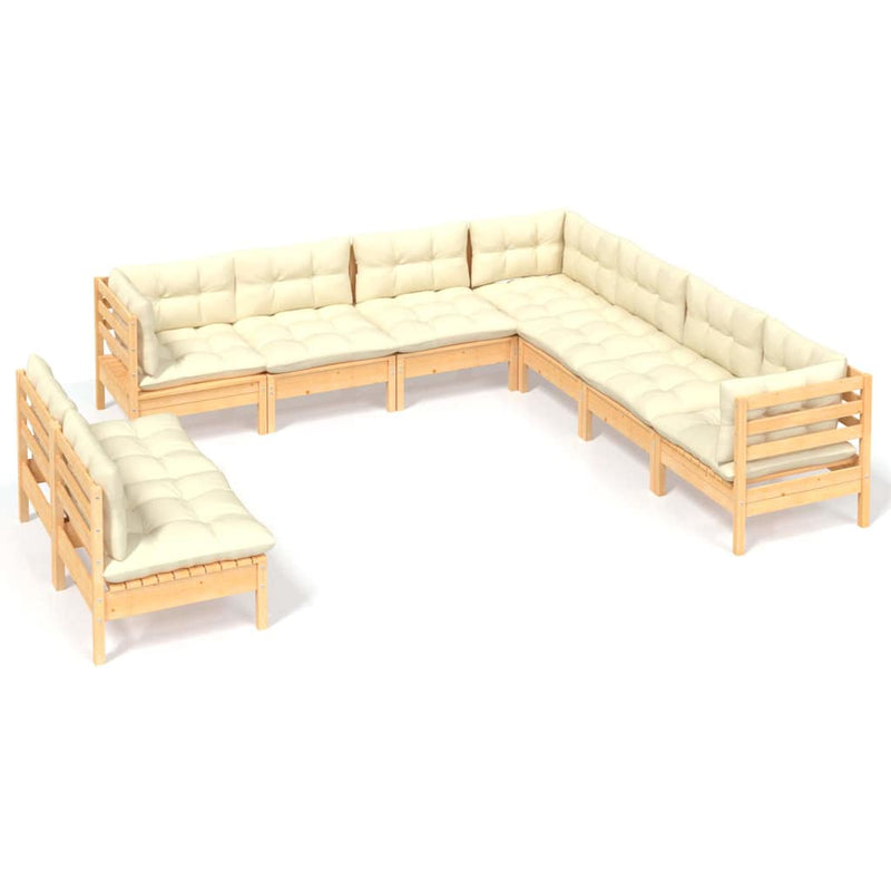 Set mobilier grădină cu perne crem, 9 piese, lemn masiv de pin
