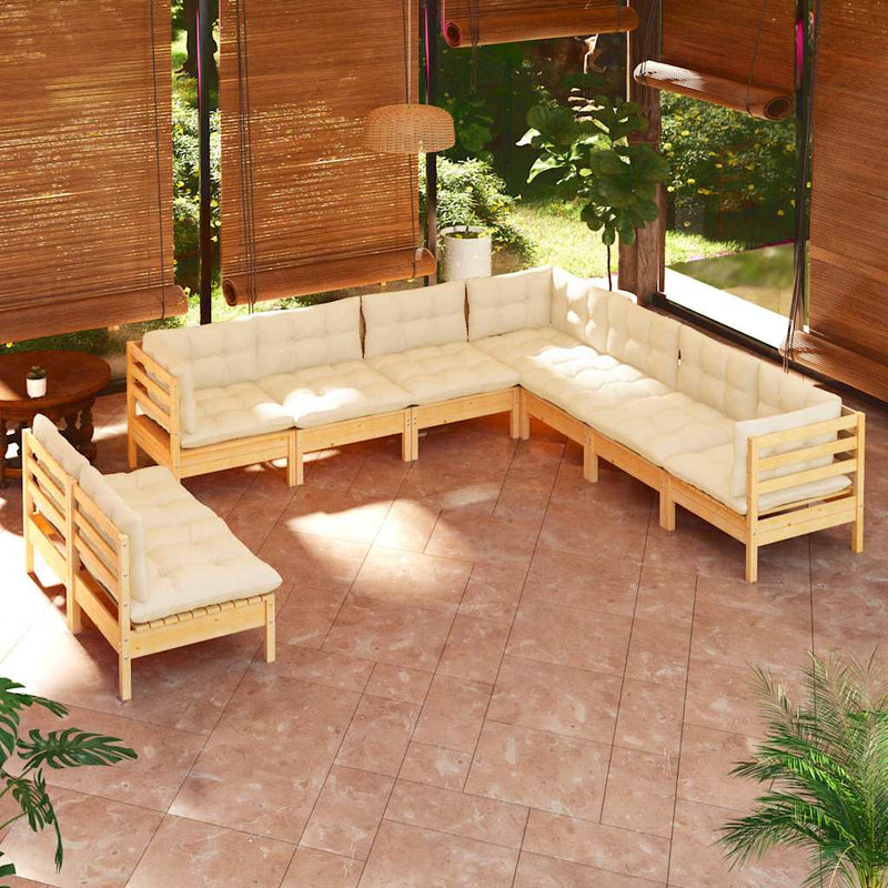 Set mobilier grădină cu perne crem, 9 piese, lemn masiv de pin