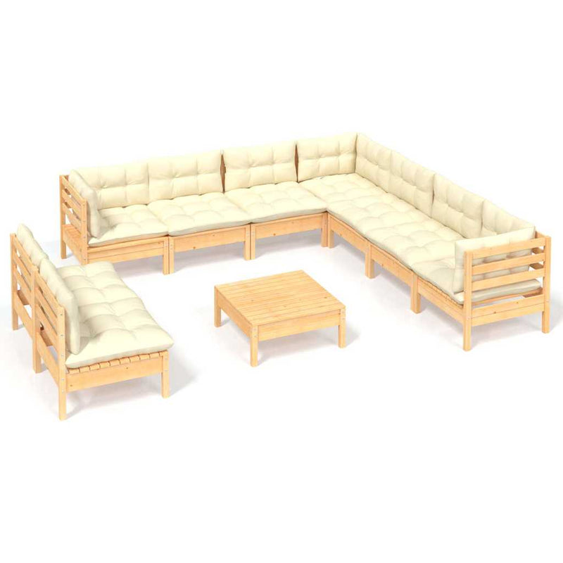 Set mobilier grădină cu perne crem, 10 piese, lemn masiv de pin