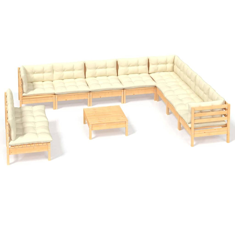 Set mobilier grădină cu perne crem, 11 piese, lemn masiv de pin