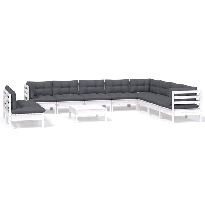 Set mobilier grădină cu perne, 11 piese, alb, lemn masiv pin