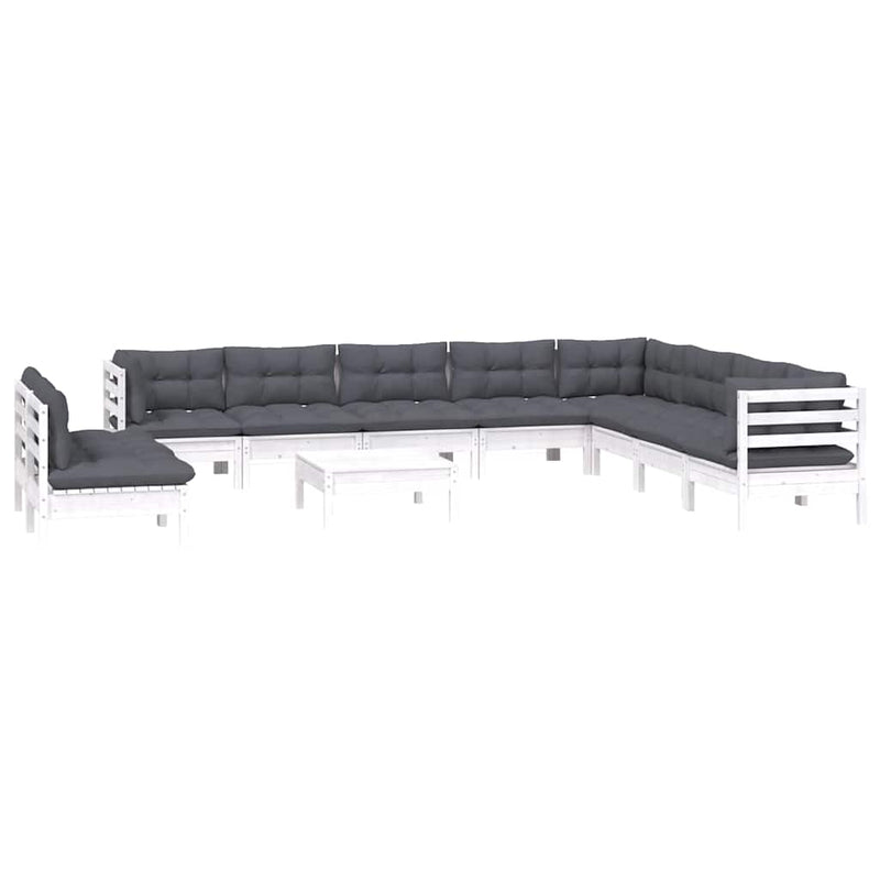 Set mobilier grădină cu perne, 11 piese, alb, lemn masiv pin