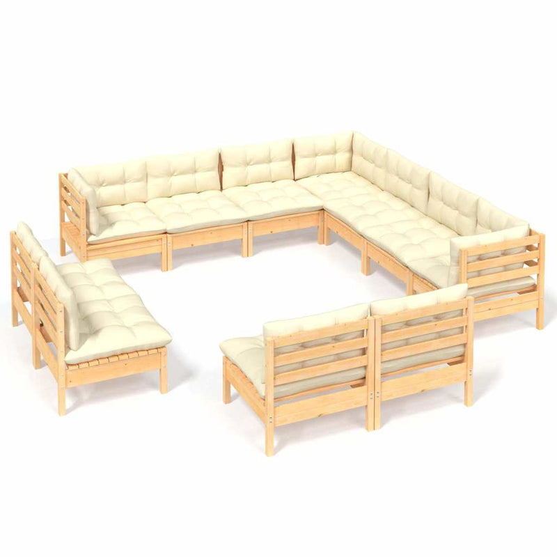 Set mobilier grădină cu perne crem, 11 piese, lemn masiv de pin