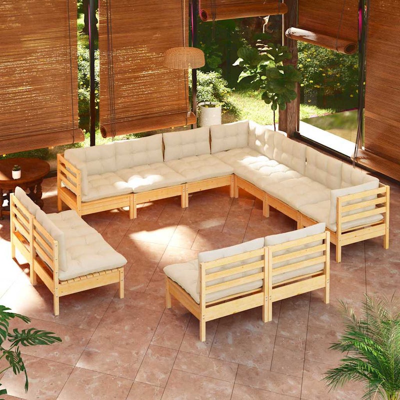 Set mobilier grădină cu perne crem, 11 piese, lemn masiv de pin
