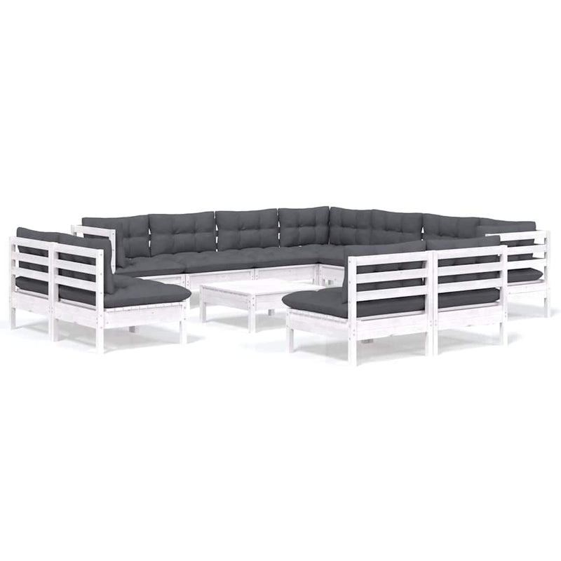 Set mobilier grădină cu perne, 12 piese, alb, lemn masiv pin