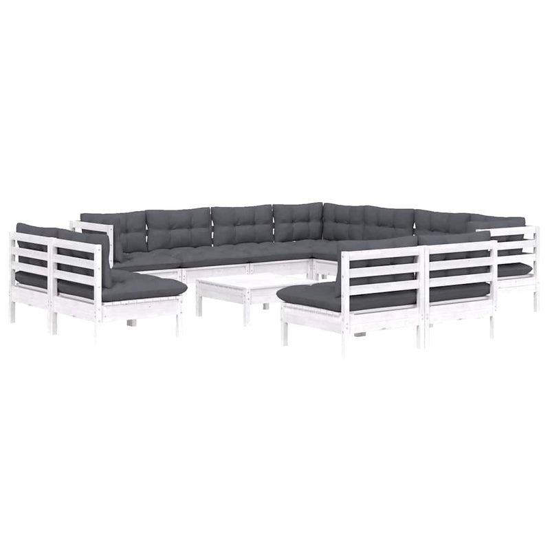 Set mobilier grădină cu perne, 12 piese, alb, lemn masiv pin