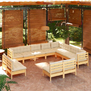 Set mobilier grădină cu perne crem, 12 piese, lemn masiv de pin
