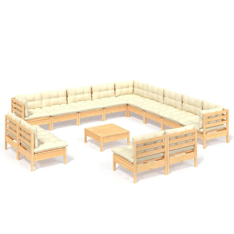 Set de mobilier de grădină & perne 14 piese crem lemn masiv pin