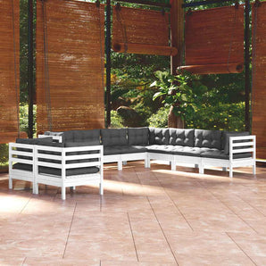 Set mobilier de grădină cu perne, 9 piese, alb, lemn masiv pin