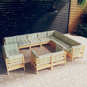 Set mobilier grădină cu perne crem, 12 piese, lemn masiv de pin