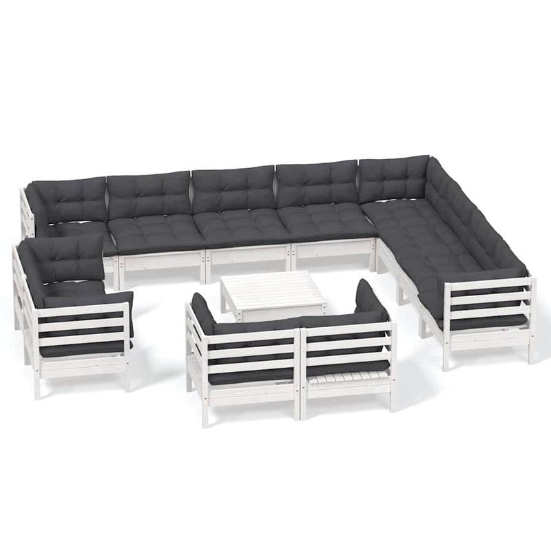 Set mobilier grădină cu perne, 13 piese, alb, lemn masiv pin