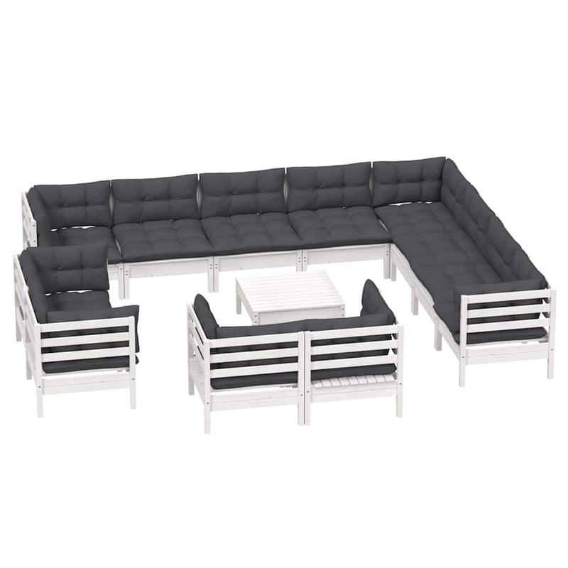 Set mobilier grădină cu perne, 13 piese, alb, lemn masiv pin