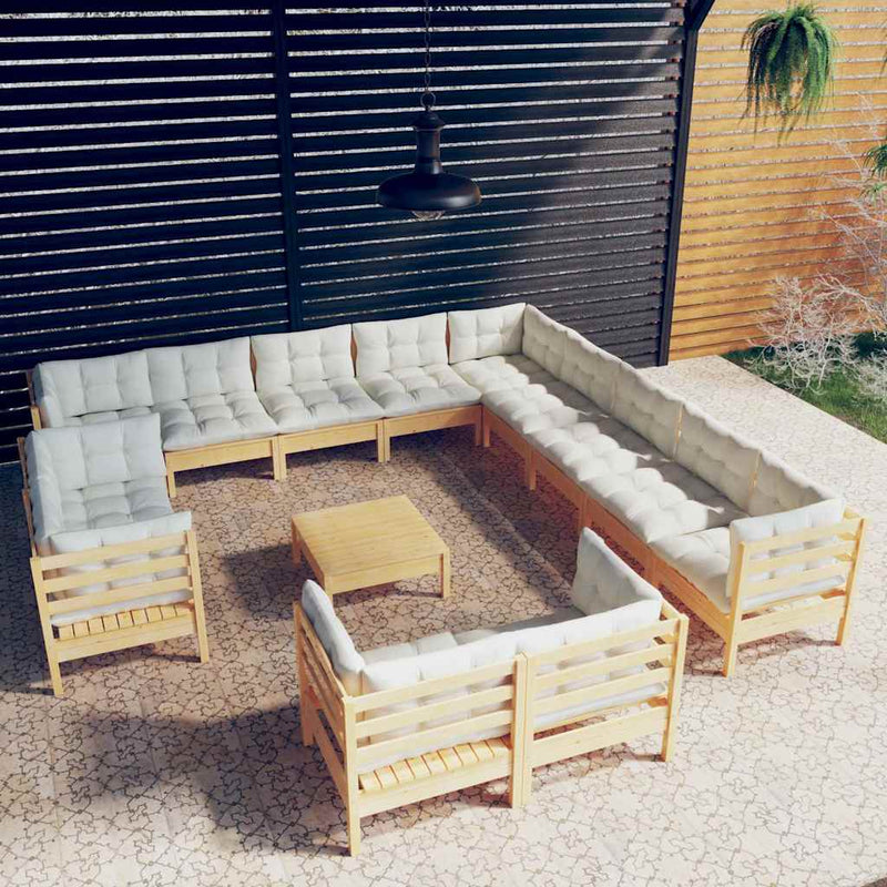 Set de mobilier de grădină & perne 14 piese crem lemn masiv pin